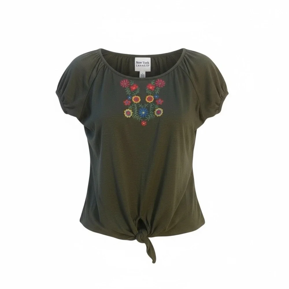 New York Laundry‎ Women's Size S Knit Top Green Floral Embroidery Raglan Sleeves